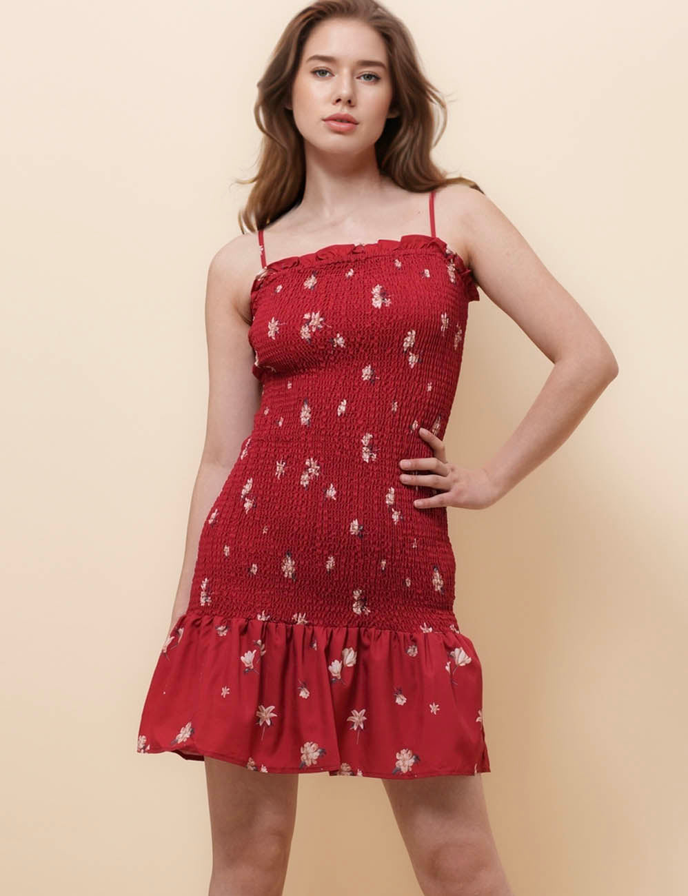 Ladies Floral Print Smocking Mini Dress SKD51130