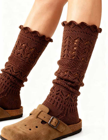 Ladies Solid Color Crochet Knit Hollow Out Slouch Socks