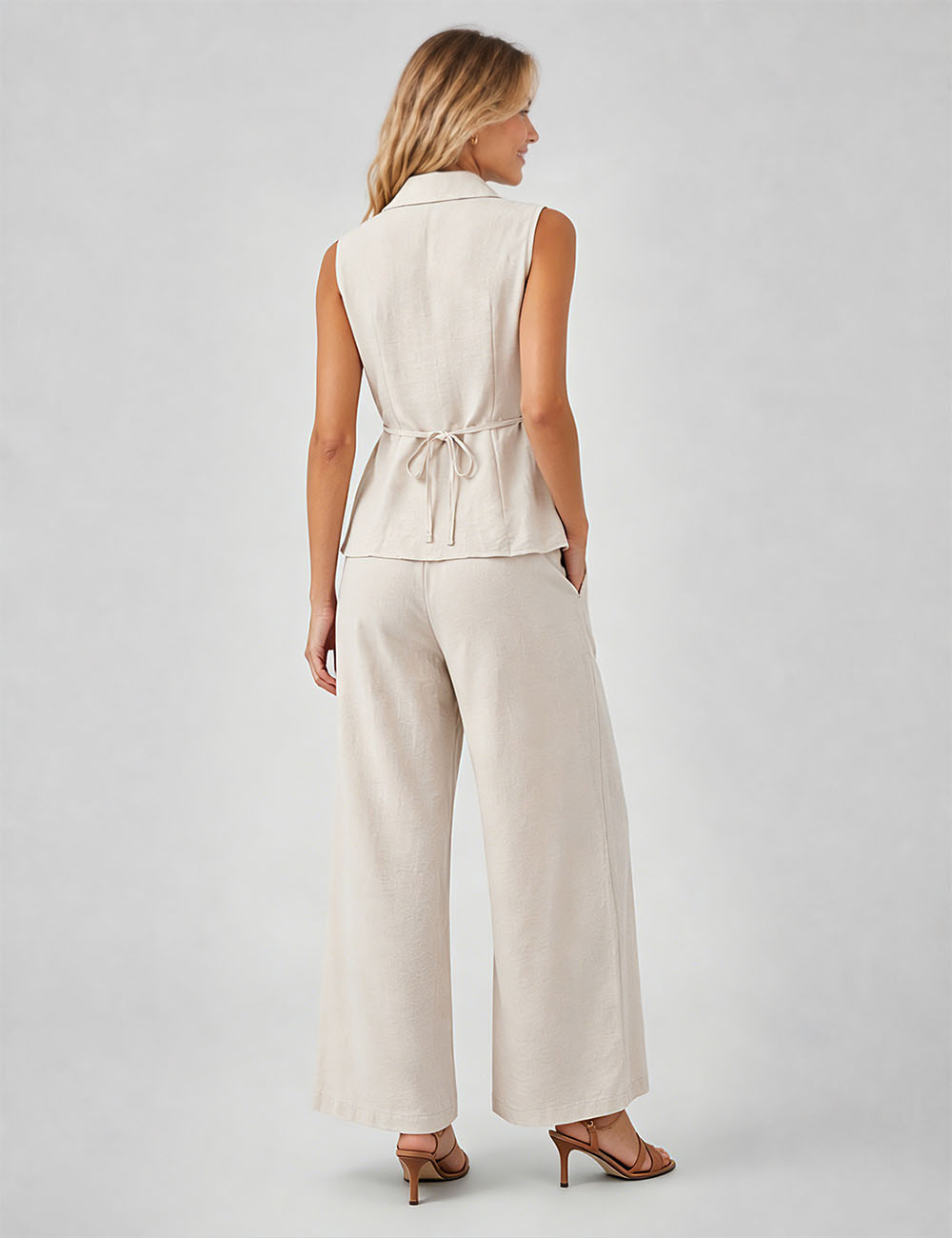 Ladies Chic Sleeveless Button Front Vest & Wide Leg Pants Matching Set