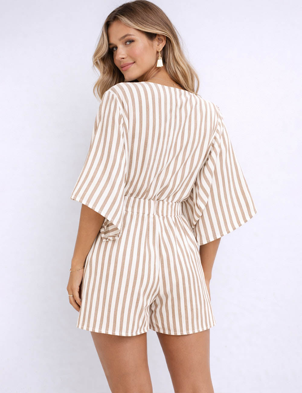 Ladies Chic Striped V-Neck Tie Knot 3/4 Kimono Sleeves Romper