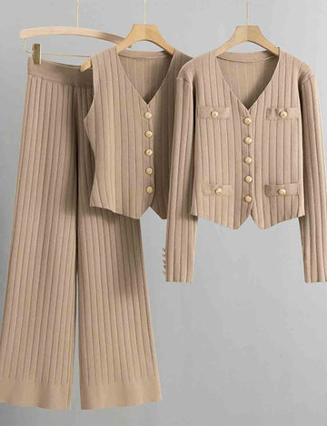 Ladies V-Neck Ribbed Knit 3PCS Cardigan & Pants Set