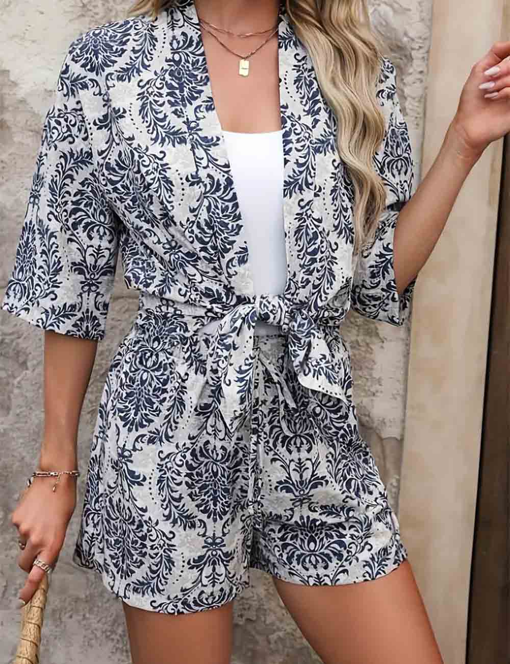 Ladies Tribal Print Short Sleeves Kimono Top & Shorts Set