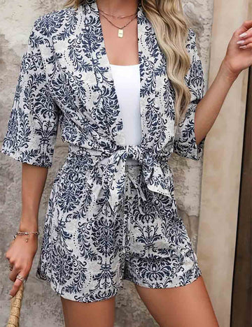 Ladies Tribal Print Short Sleeves Kimono Top & Shorts Set