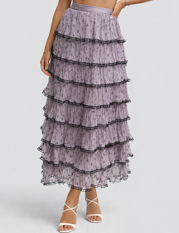 Ladies Color Block Tiered Ruffle Hem Mesh Maxi Skirt