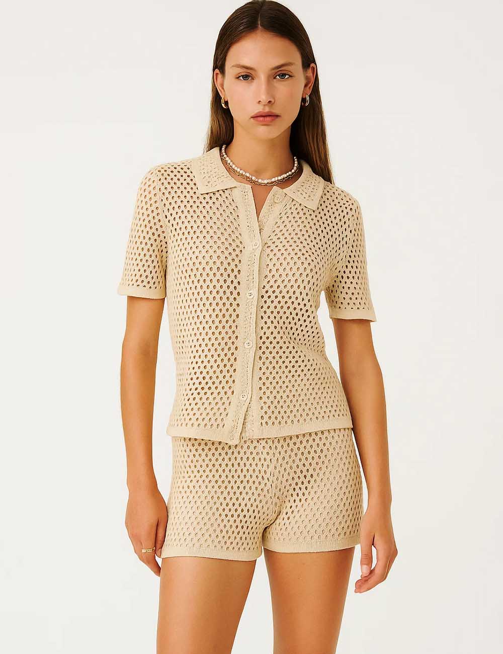 Ladies Hollow Out Knit Short Sleeves Shirt & Shorts Set
