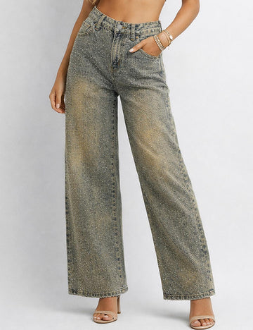 Ladies Sparkle Rhinestone Straight Wide Leg Denim Pants