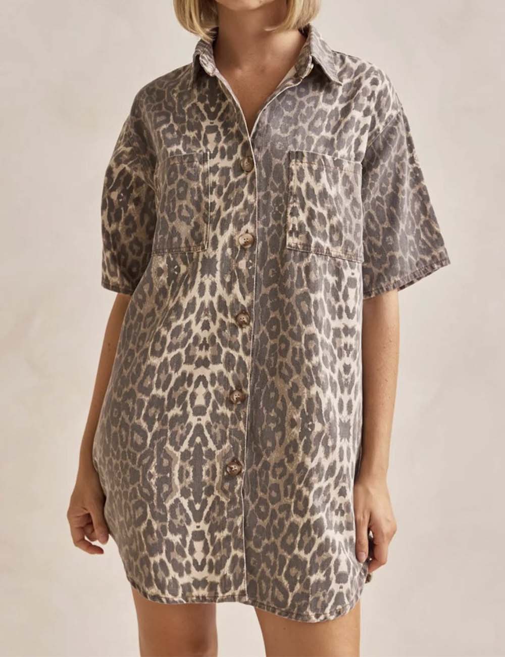 Ladies Leopard Turndown Collar Top & Skirt Denim Set