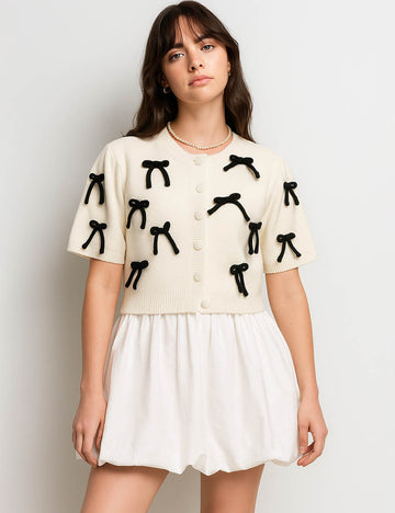 Ladies Short Sleeves Bow Knit Cardigan SKT50150