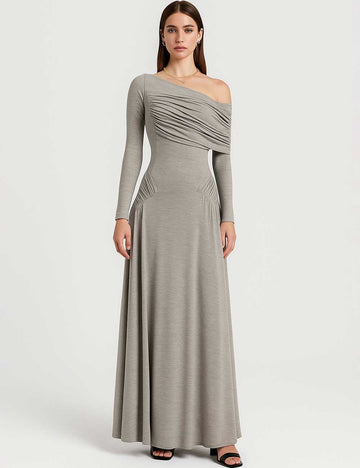 Ladies Off-Shoulder Wrinkle Long Sleeves Maxi Dress