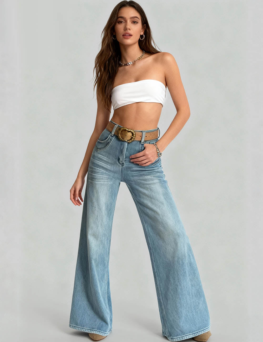 Ladies Fleece Lining Jeans Button Wide Leg Denim Pants