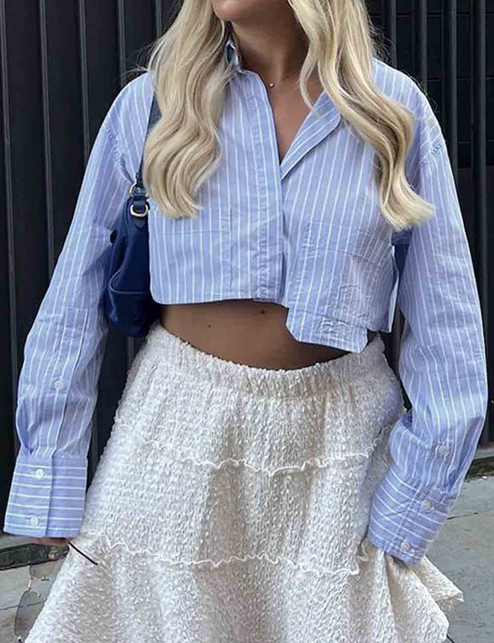 Ladies Striped Color Block Turndown Collar Button Down Shirt