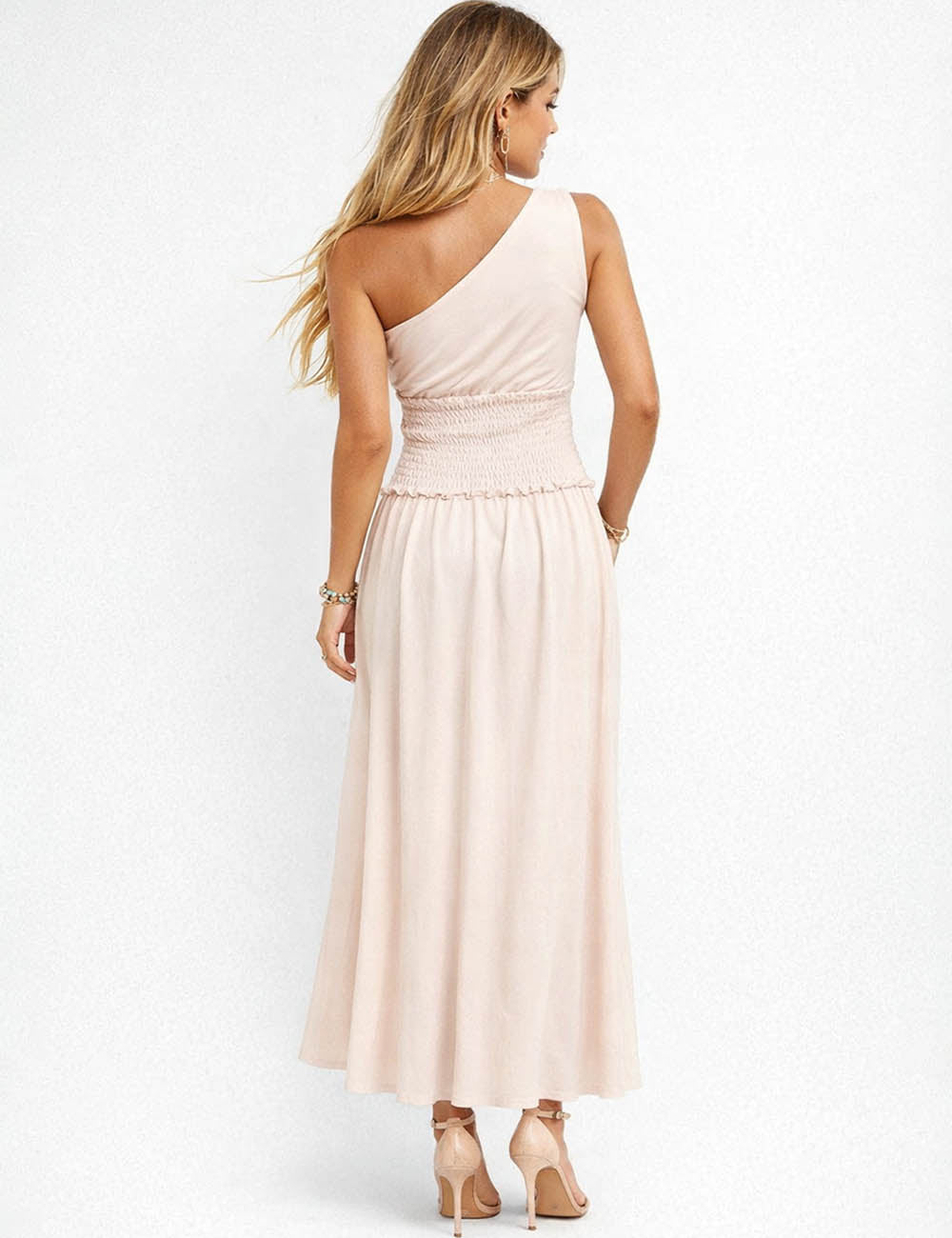 Ladies Chic One Shoulder Smocked Top & Belted Maxi Skirt Set