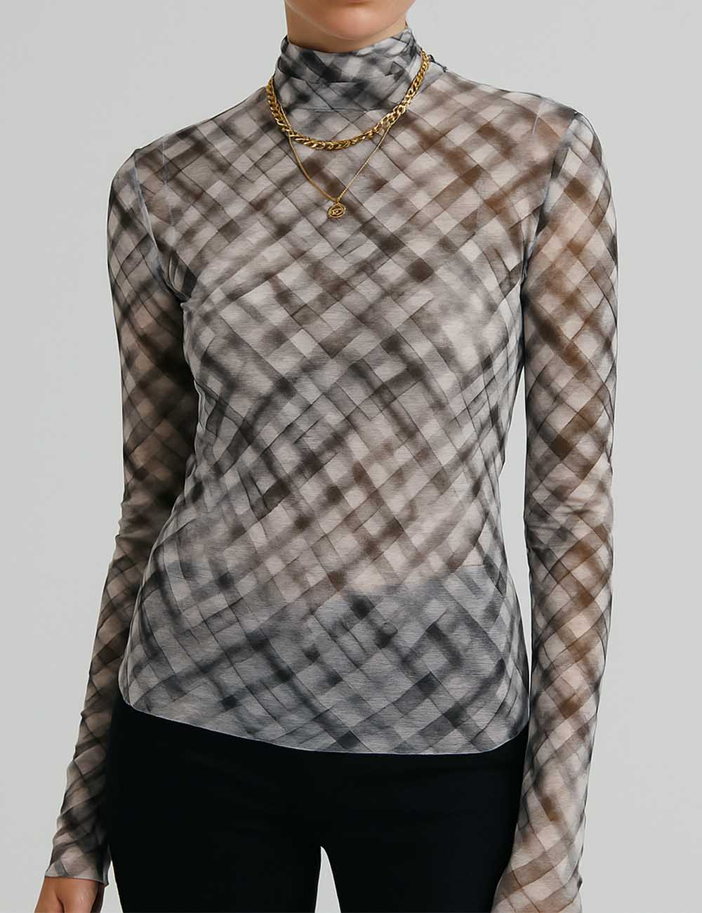 Women Color Block Checked Layering Top See Sheer Blouse