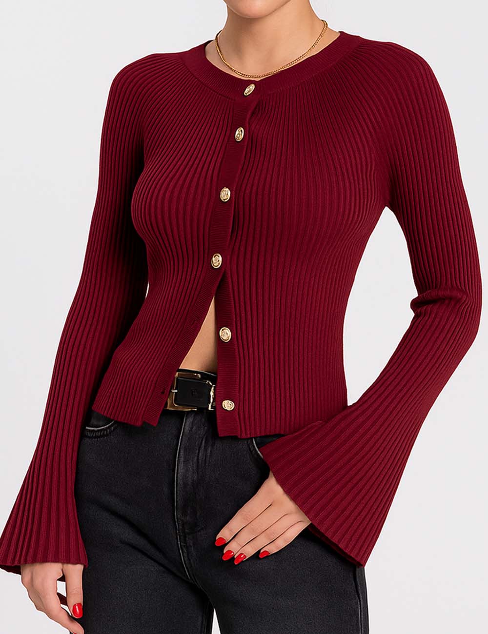 Ladies Ribbed Button Front Flared Sleeves Knit Top
