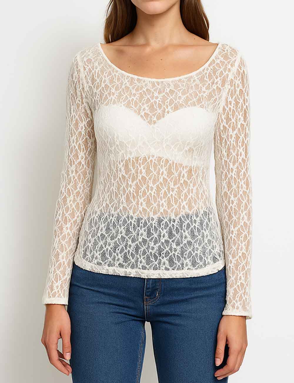 Ladies Pullover See Through Long Sleeves Lace  Rhinestone Top
