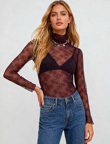 Ladies Mock Neck Mesh Sheer Floral Lace Layering Top