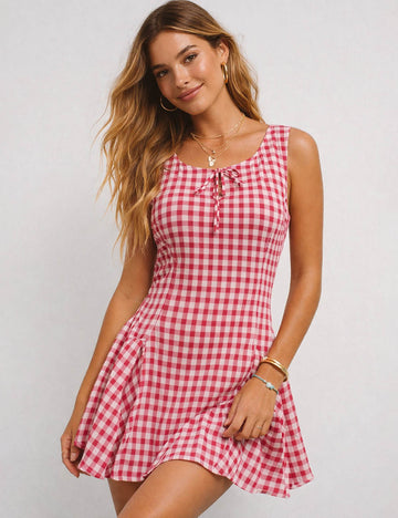 Ladies Checked Tie Front Square Neck Sleeveless Mini Dress