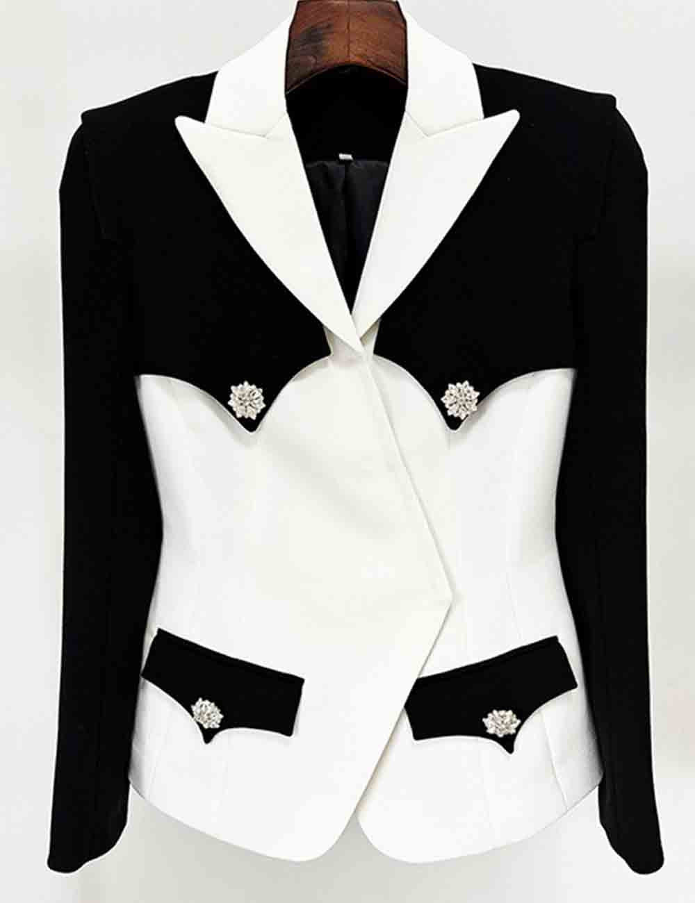 Ladies Color Block Rhinestone One Button Blazer