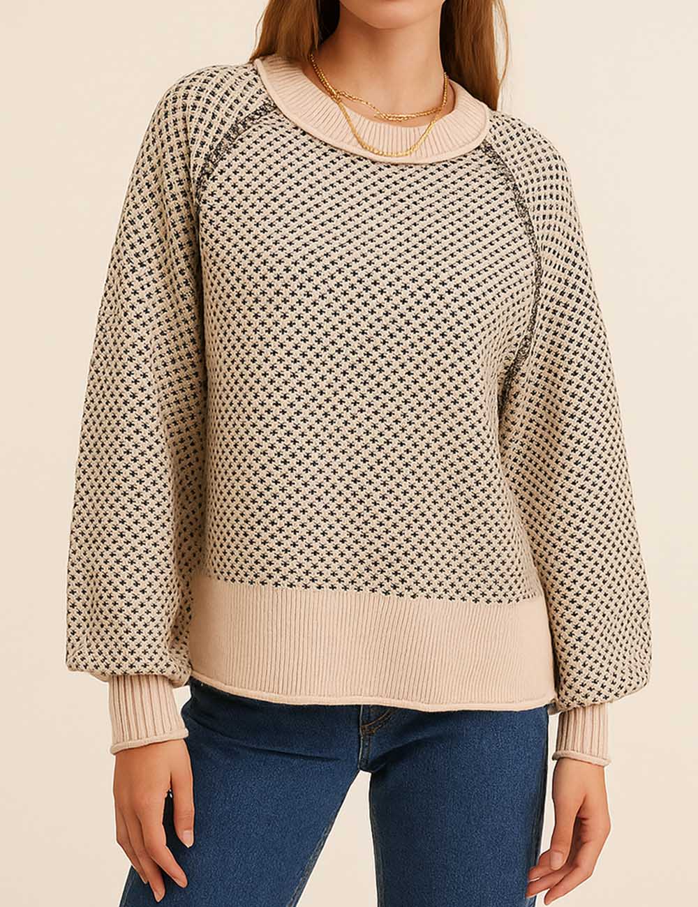 Ladies Pullover Jacquard Long Sleeves Knit Sweater