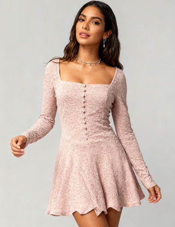 Ladies Jacquard Pattern Square Neck Flared Hem Mini Dress