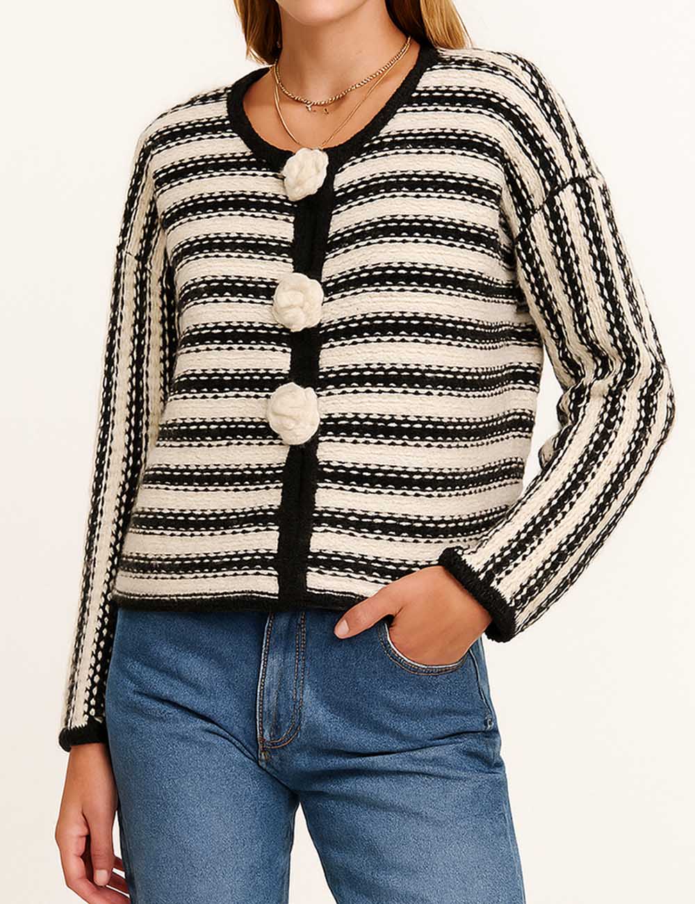 Ladies Color Block Striped Crochet Flower Knit Cardigan
