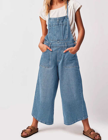 Ladies String Shoulder String Tie Wide Leg Denim Jumpsuit