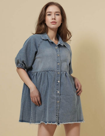 Ladies Turndown Collar Denim Mini Dress SKD50025