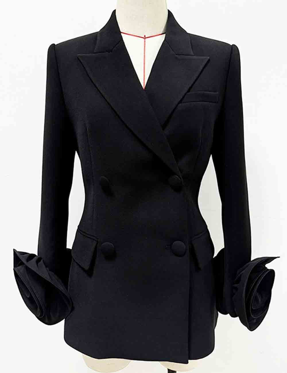 Ladies 3D Flower Double-Breast Black Long Blazer 8SKBZ5VH14