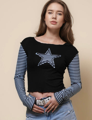 Ladies Round Neck Color Block Stripe Star Top SKT41295