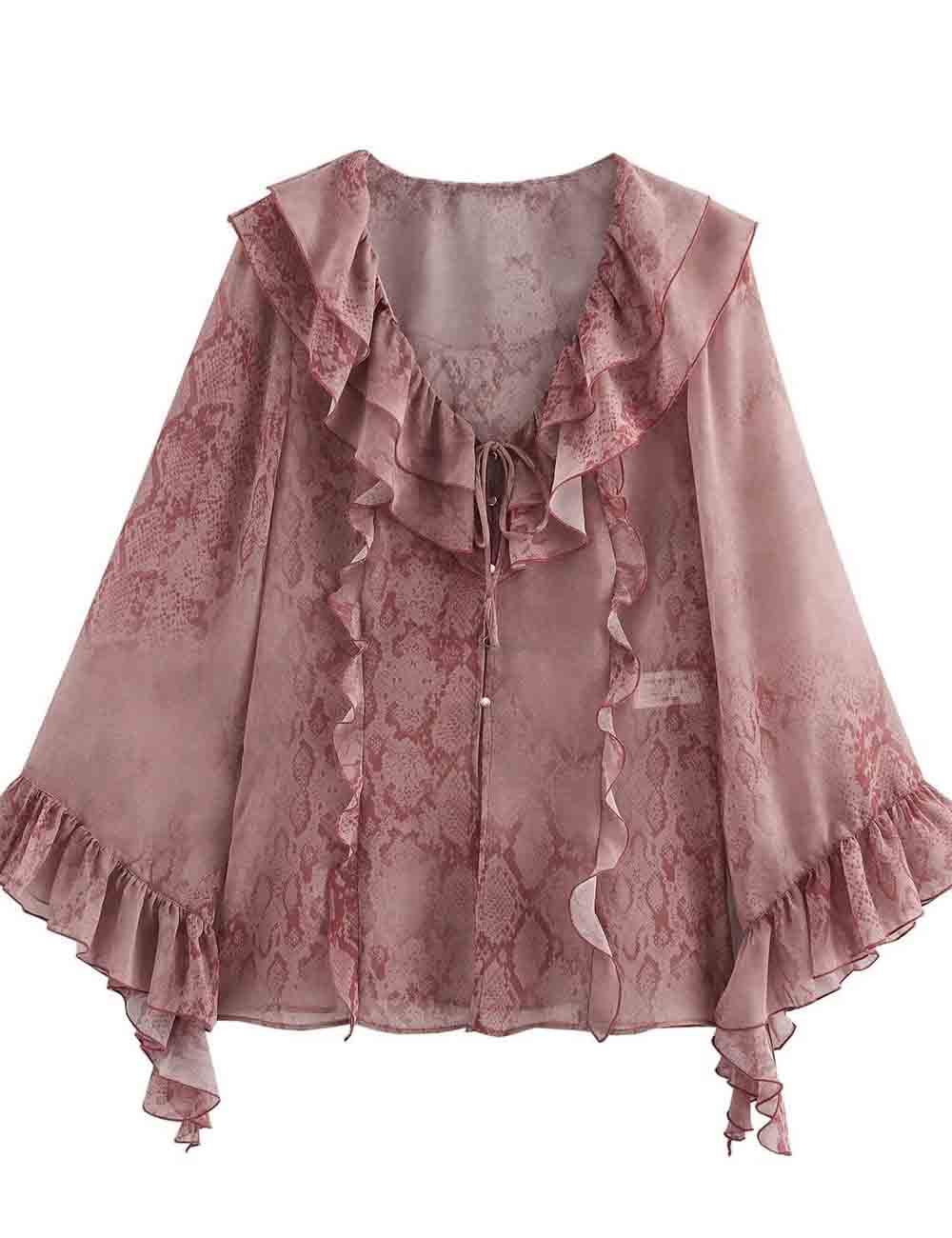 Ladies Animal Print Ruffle V-Neck Long Sleeves Blouse 8SKT5VA133