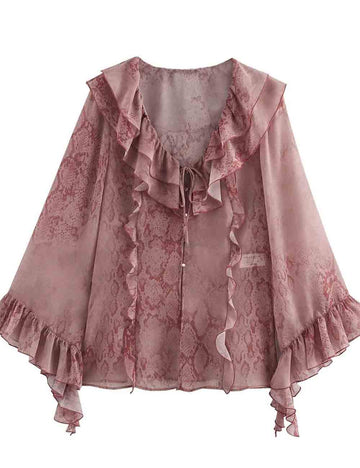 Ladies Animal Print Ruffle V-Neck Long Sleeves Blouse 8SKT5VA133