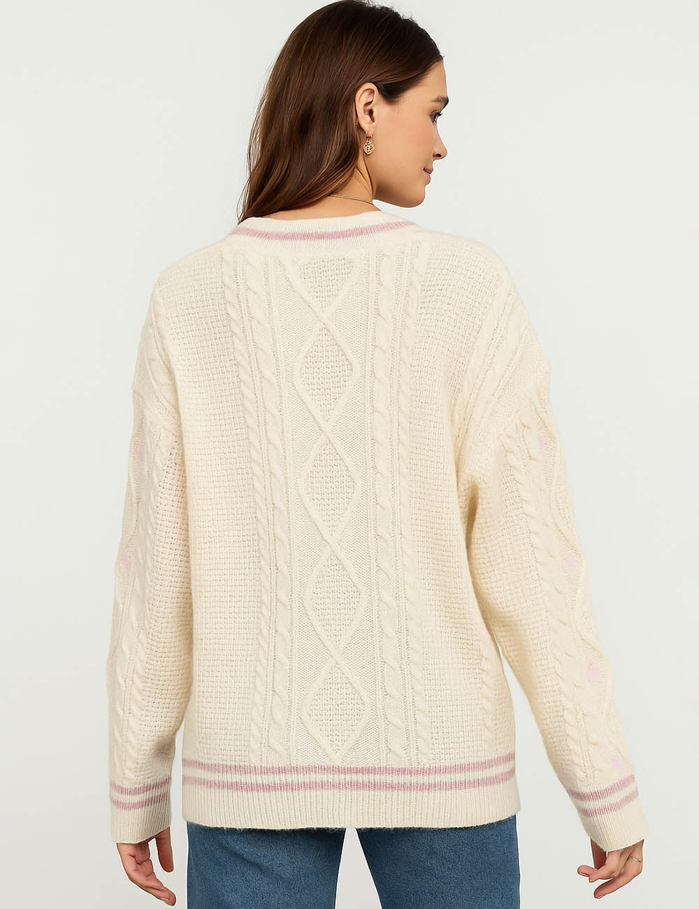 Ladies Color Block V-Neck Heart Embroidery Button Cardigan