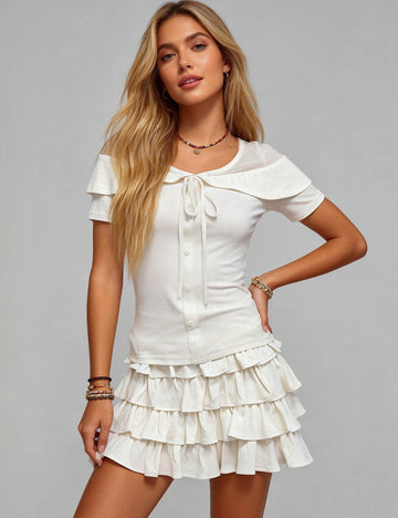 Ladies Off-Shoulder Tie Front Top & Ruffle Mini Skirt Set