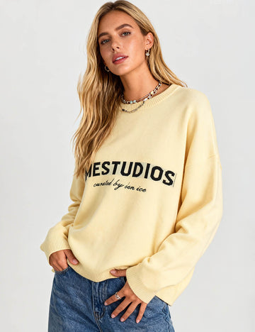 Ladies Color Block Letter Embroidery Rib Trim Knit Sweater