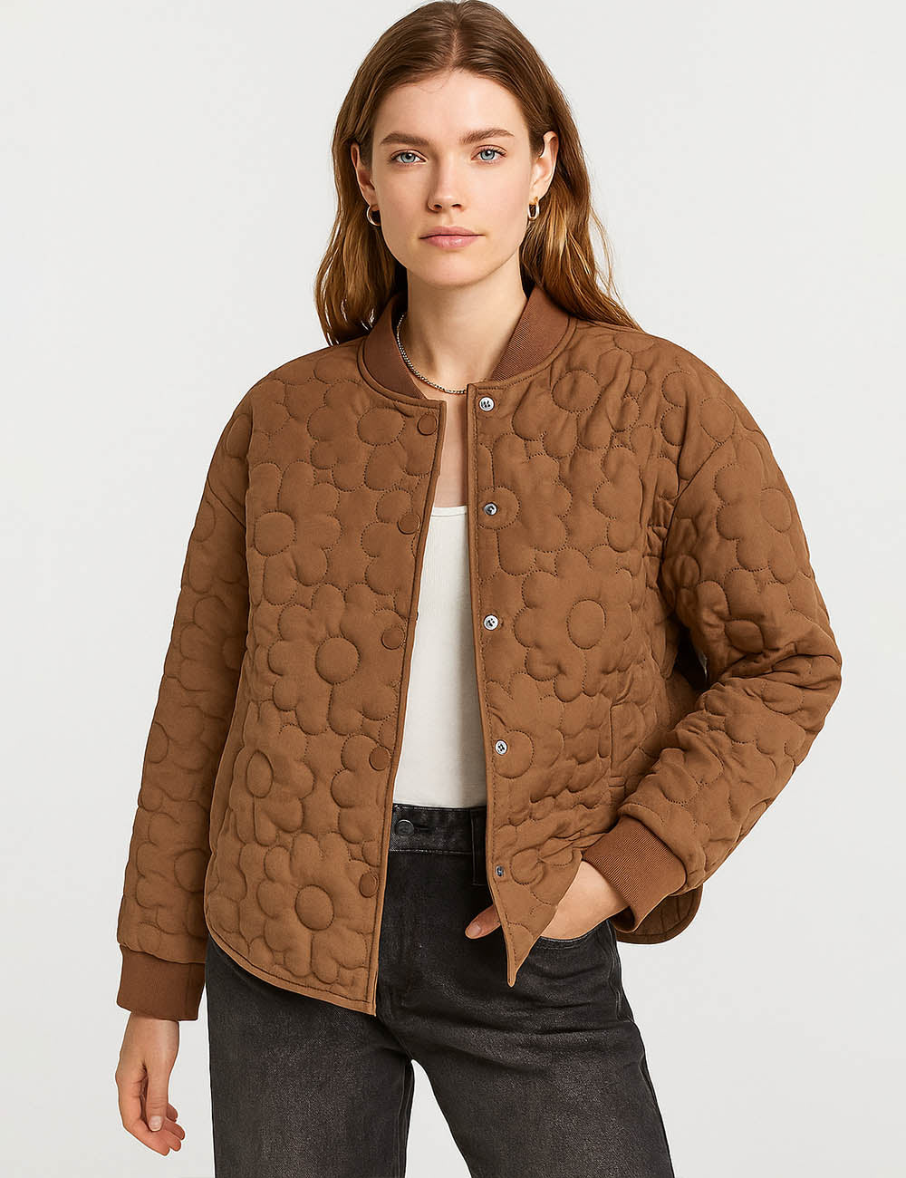 Ladies Floral Pattern Quilted Baseball Collar Cotton Padded Jacket