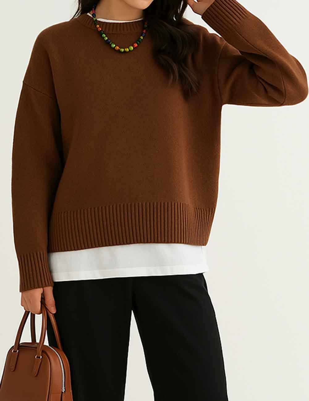 Ladies Round Neck Pullover Solid Color Basic Knit Sweater