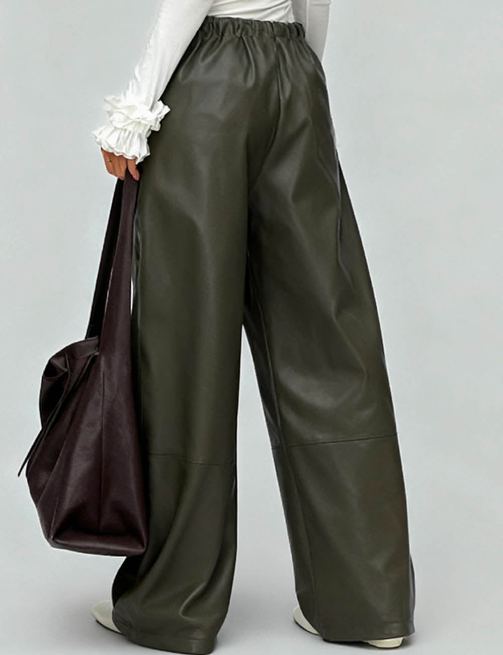 Ladies Elastic Waist Drawstring Hem Leather Pants