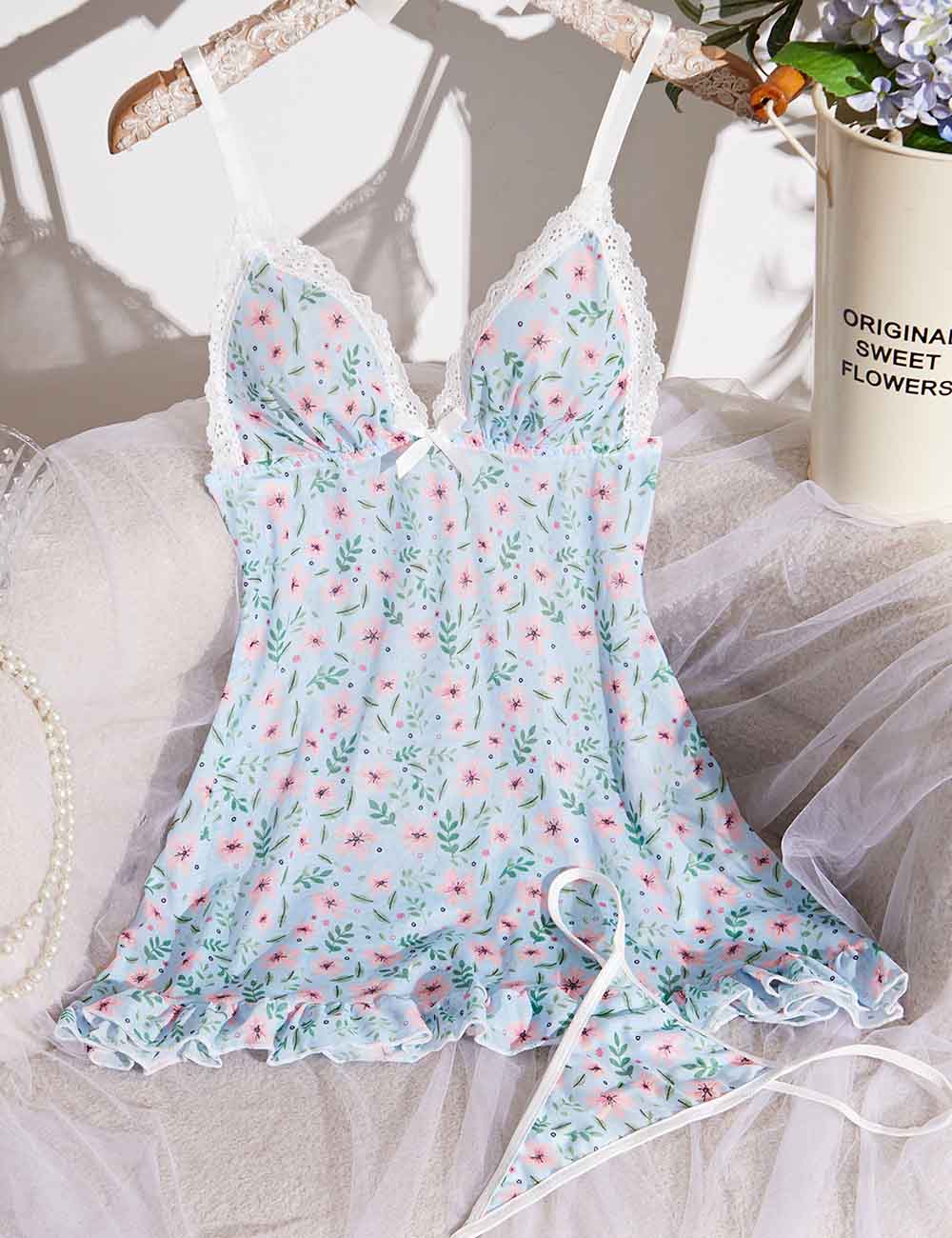 Ladies Floral V-Neck String Shoulder Sleeveless Ruffle Chemise Set