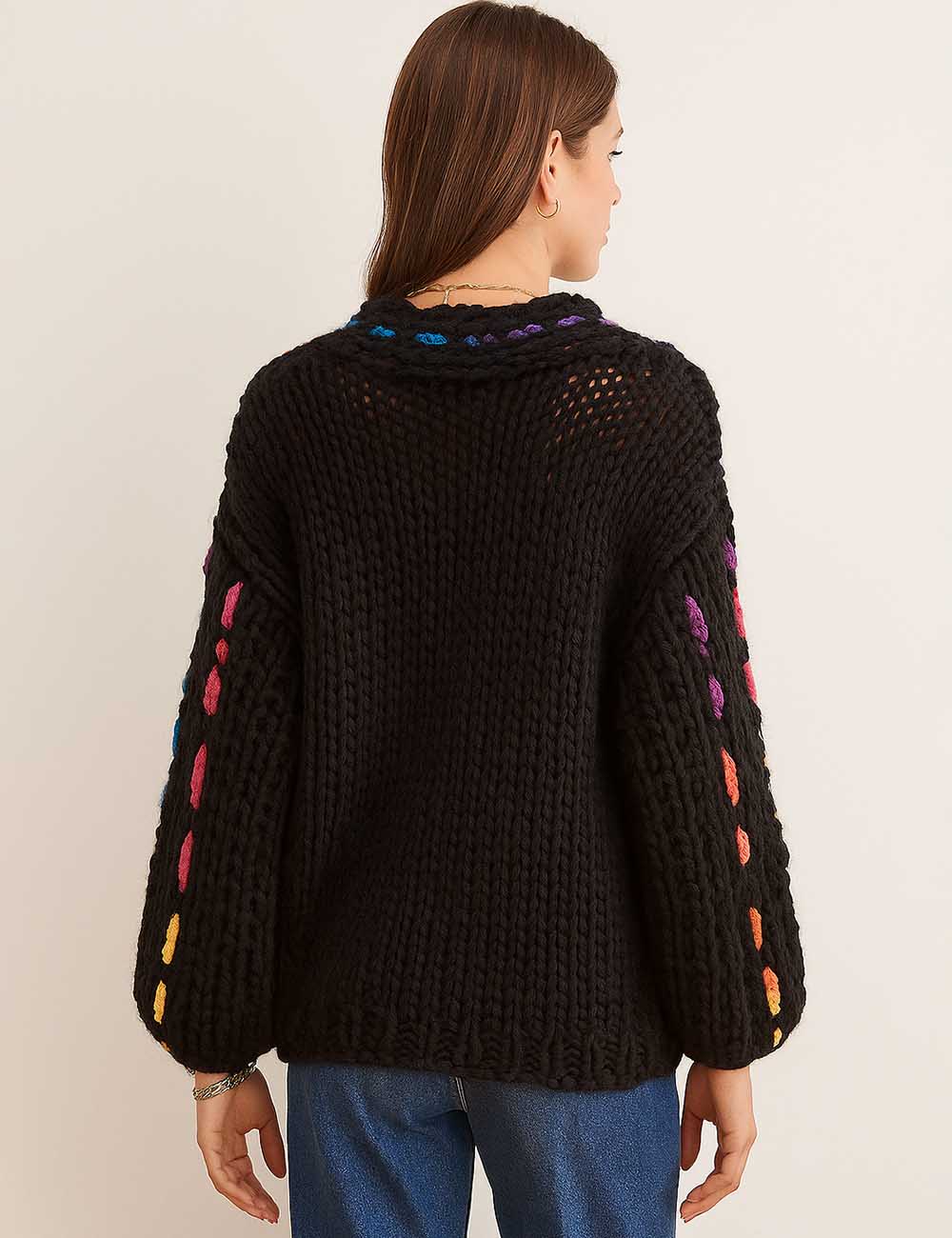 Ladies V-Neck Long Sleeves Multicolor Stitching Pullover Sweater