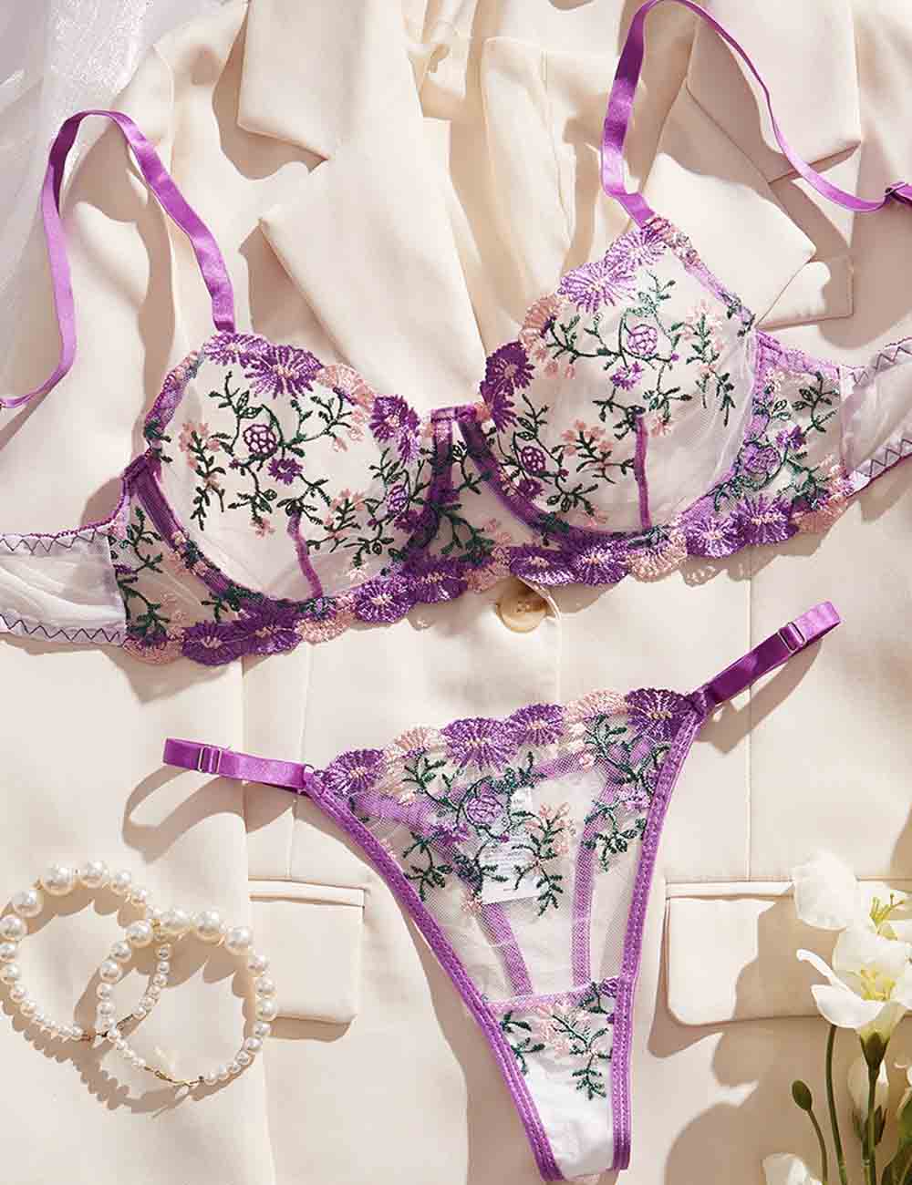Ladies Floral Embroidery See Through 2PCS Lingerie Set 8HF4153