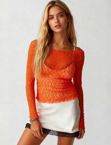 Ladies Round Neck Long Sleeves Sheer Lace Layering Top