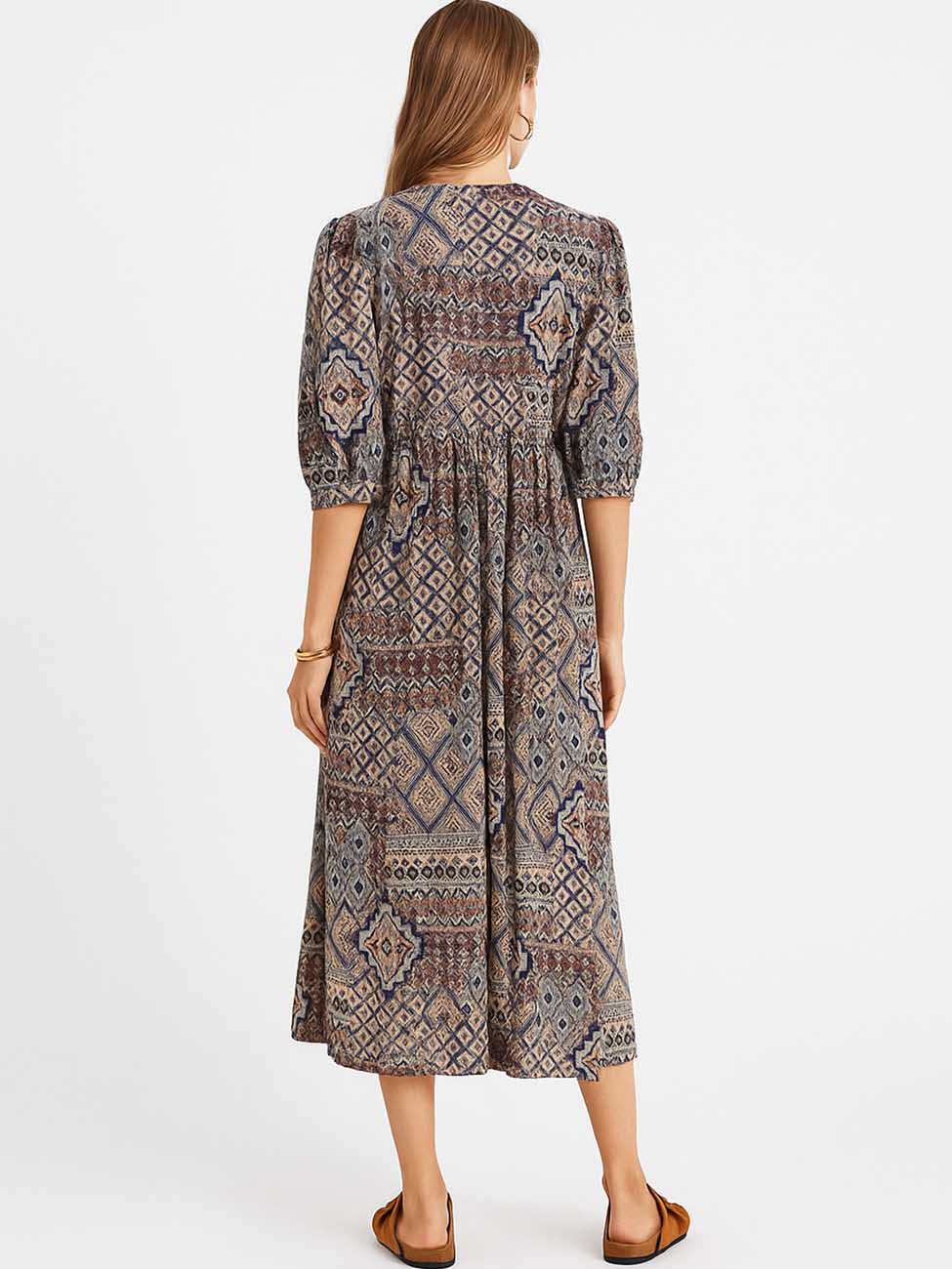 Women Bohemia Print Cozy Midi Dress Everyday Dress