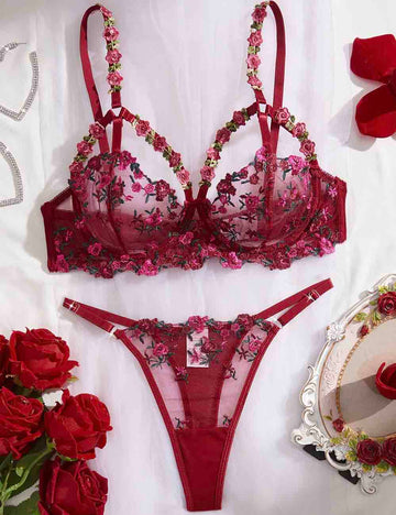 Ladies Floral Embroidery See Through 2PCS Lingerie Set 8XX0226