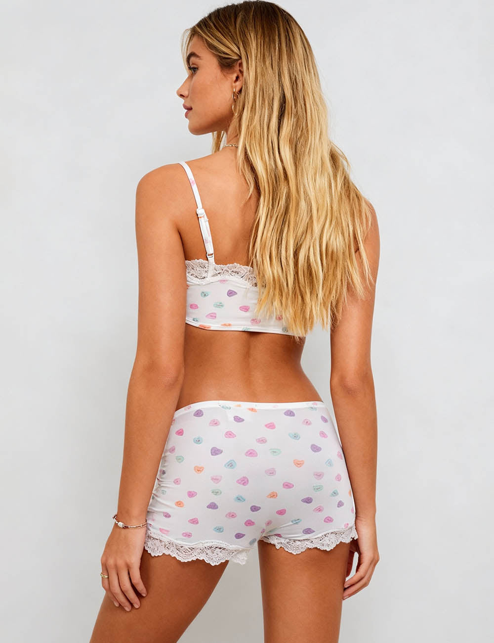 Ladies Candy Heart Print Lace Trim Cami Top & Shorts Set