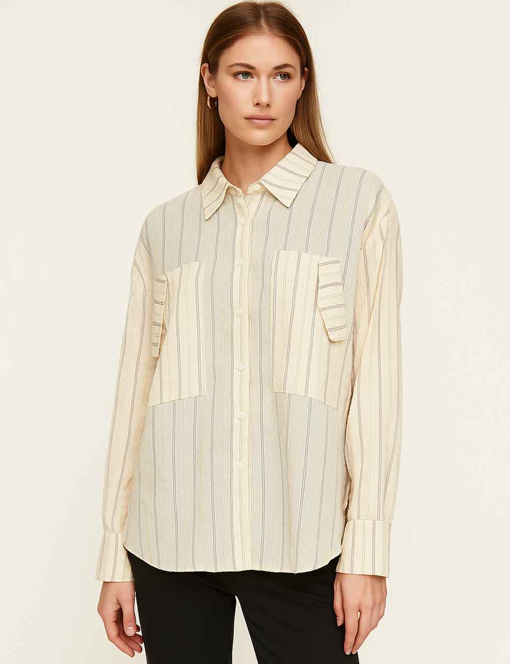 Ladies Multicolor Striped Turndown Collar Shirt
