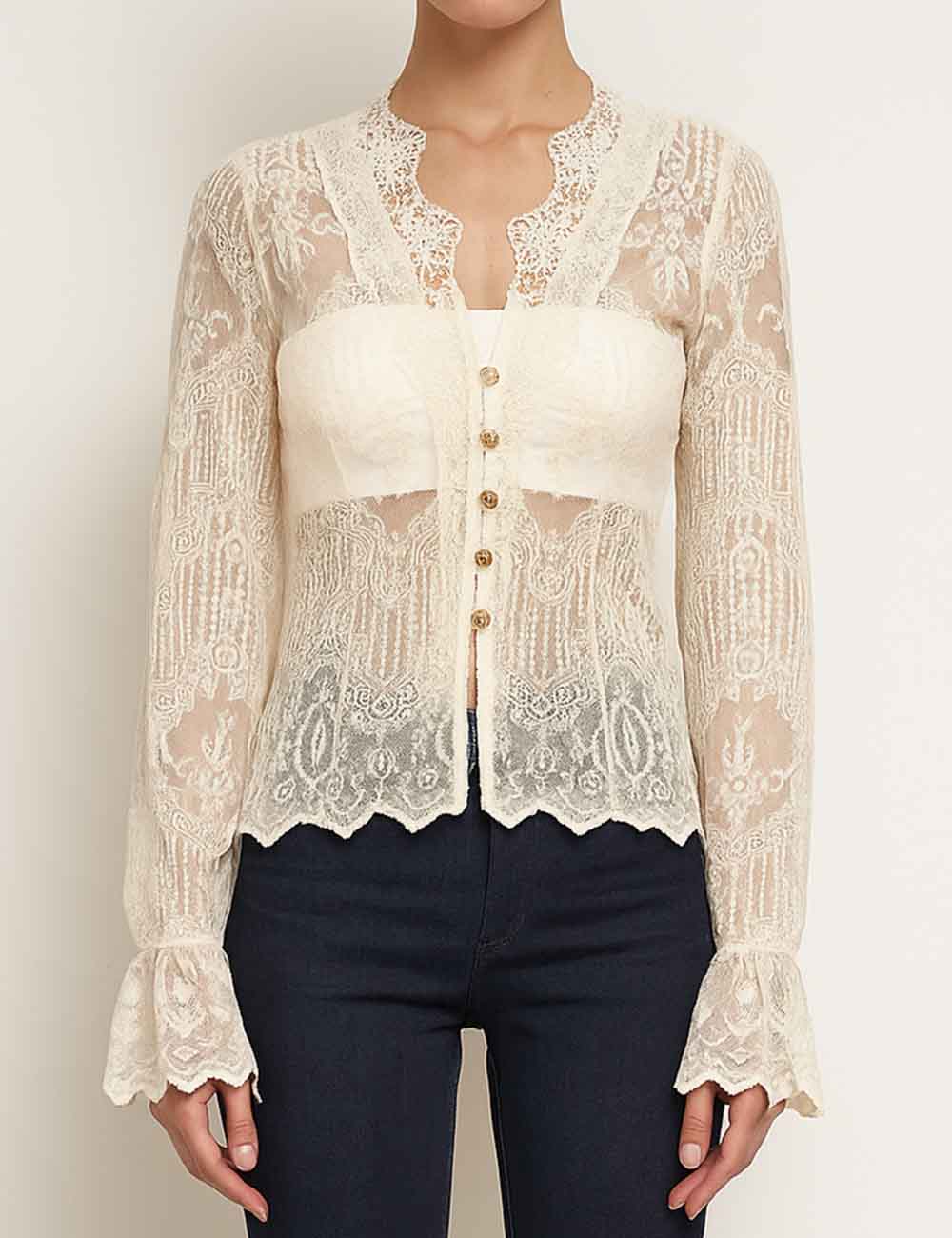 Ladies V-Neck Floral Boho Flare Sleeves Button Blouse
