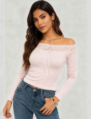 Ladies Lace Trim Off-Shoulder Bow Tie Stretch Top