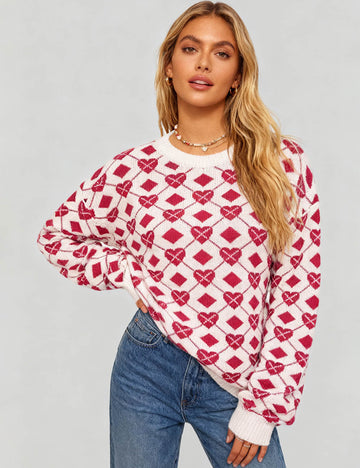 Ladies Valentine's Heart Graphic Pullover Sweater Top