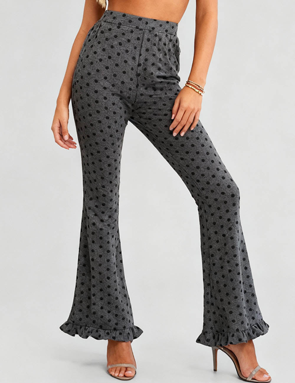 Ladies Polka Dot Elastic Waist Ruffle Flared Leg Pants
