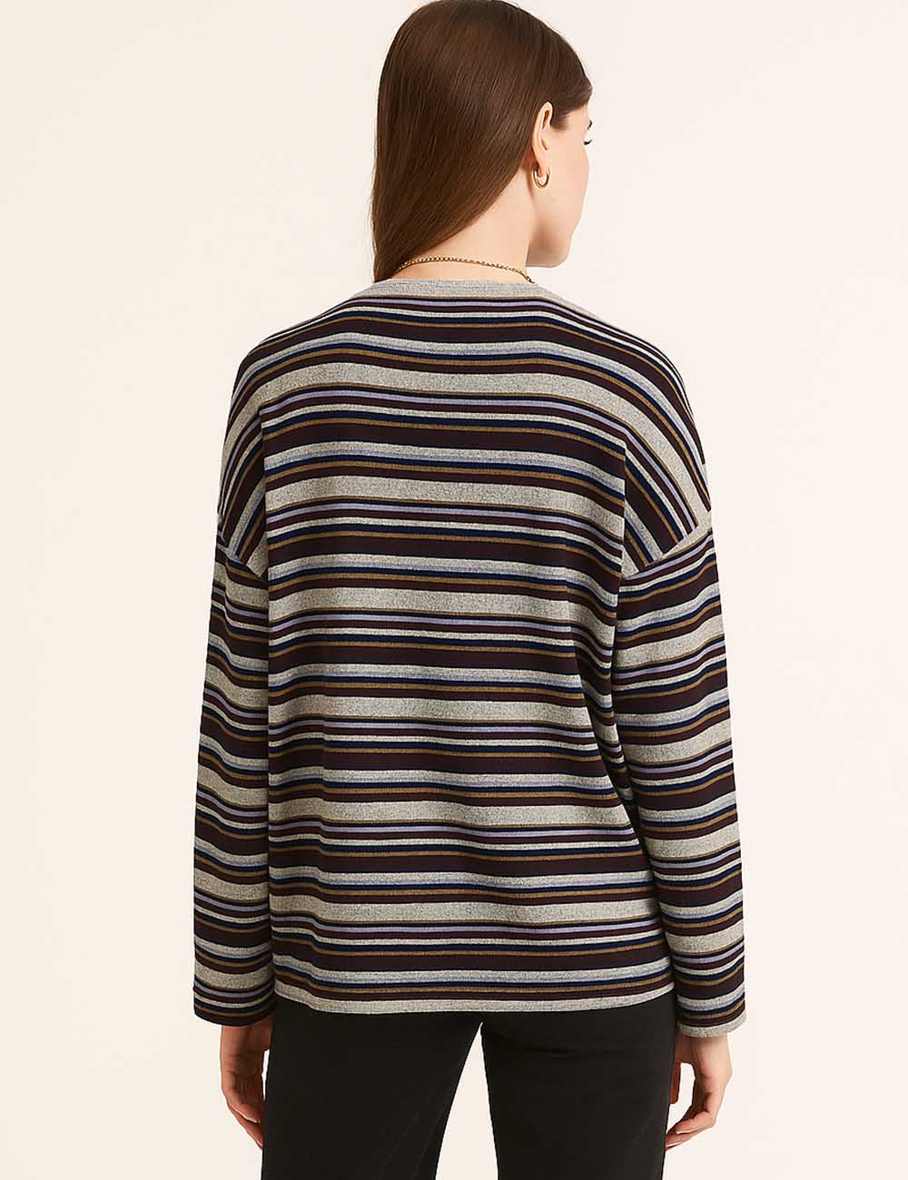 Ladies Striped Basic Round Neck Long Sleeves T-Shirt
